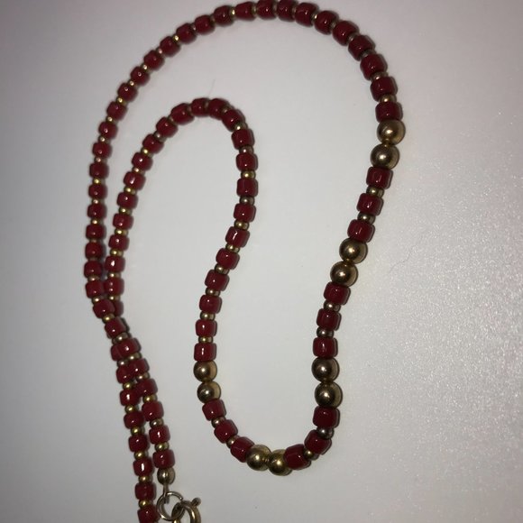 16" Long Red and Gold Beaded Necklace - Picture 4 of 4